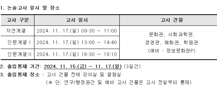 논술고사 관련 협조요청